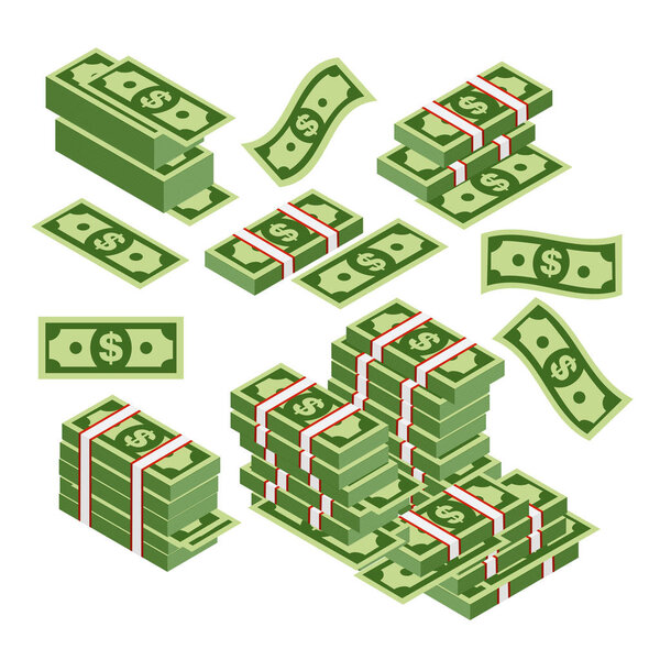 Vector illustration of dollars bundles scattered, stacked with different sides isolated on white background. Dollars banknotes set in flat style.