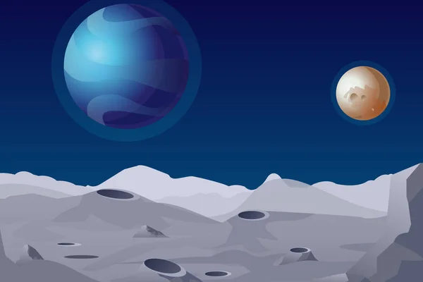 Vektorillustration der Mondlandschaft mit Kratern. schöne Planeten im Hintergrund. — Stockvektor
