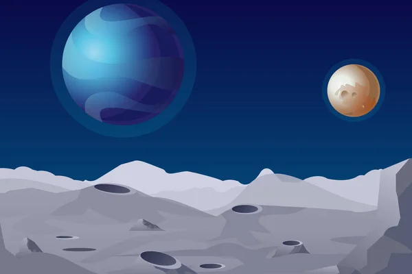 Ilustración vectorial del paisaje lunar con cráteres. Hermosos planetas en el fondo . — Archivo Imágenes Vectoriales