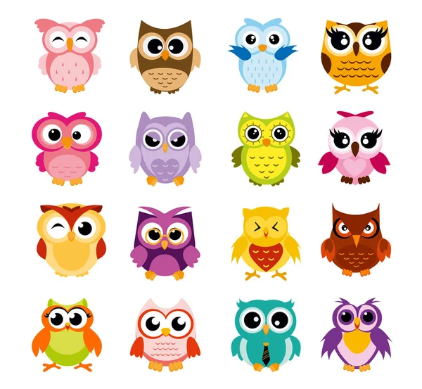 Vector illustration of colorful cartoon funny owls set on white background. Happy and joyful birds set in flat style. — Stock Vector