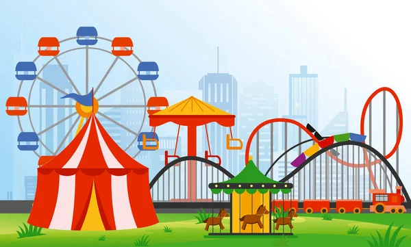 Vector illustration amusement park elements on modern city background. Family rest in rides park with colorful ferris wheel, carousel, circus in flat style. — Stock Vector