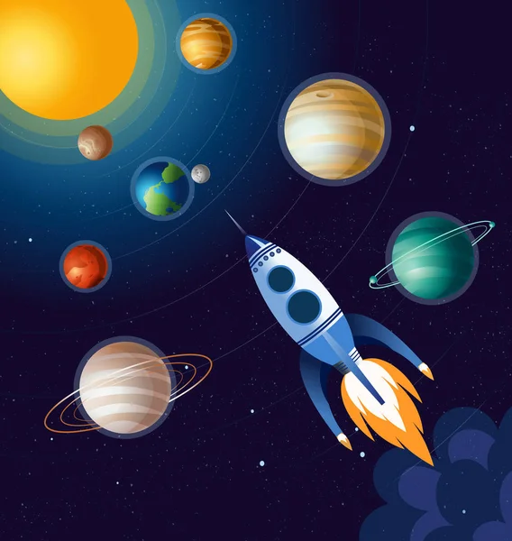 Vector illustration of rocket flying above clouds in space and between planets, spaceship on dark blue background in flat cartoon style. — Stock Vector