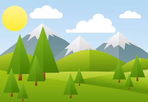 Ilustración vectorial de paisaje primaveral, montaña, bosque en estilo plano . — Vector de stock