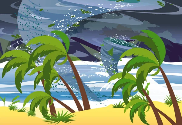 Vector εικονογράφηση του τυφώνα στον ωκεανό. Τεράστια κύματα στην παραλία. Τροπικό φυσική καταστροφή έννοια στην επίπεδη στυλ. — Διανυσματικό Αρχείο