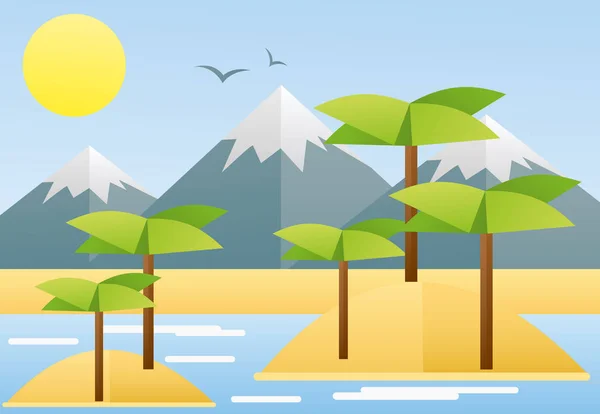 Ilustração vetorial design plano de verão tropical paisagem natural com ilhas, sol, palma, coco . — Vetor de Stock