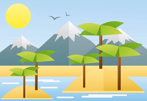 Vector illustratie platte ontwerp van tropische zomer natuur landschap met eilanden, zon, palm, kokosnoot. — Stockvector