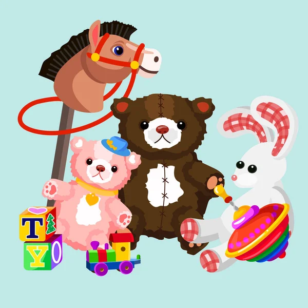 Illustration vectorielle de jouets colorés et adorables. Jouets pour enfants en dessin animé plat . — Image vectorielle