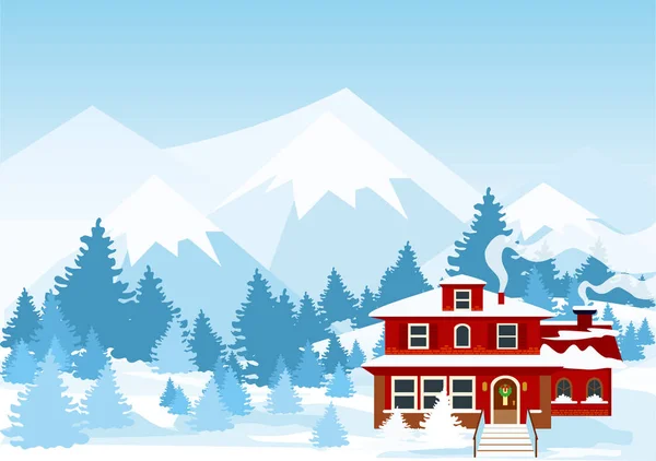 Векторна ілюстрація зимового пейзажу з горами та червоним кольором котедж, вкритий снігом у лісі . — стоковий вектор