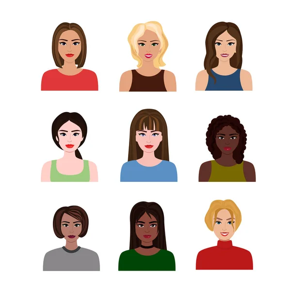 Vektor ilustrasi gadis-gadis muda dan wanita cantik negara yang berbeda dengan berbagai gaya rambut. avatar perempuan dalam gaya kartun datar . - Stok Vektor