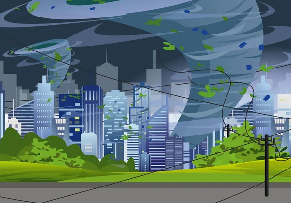 Vector Illustration tornade dans la ville moderne détruire les bâtiments. Ouragan vent énorme dans les gratte-ciel, trombe de trombe d'eau concept de tempête dans le style plat . — Image vectorielle