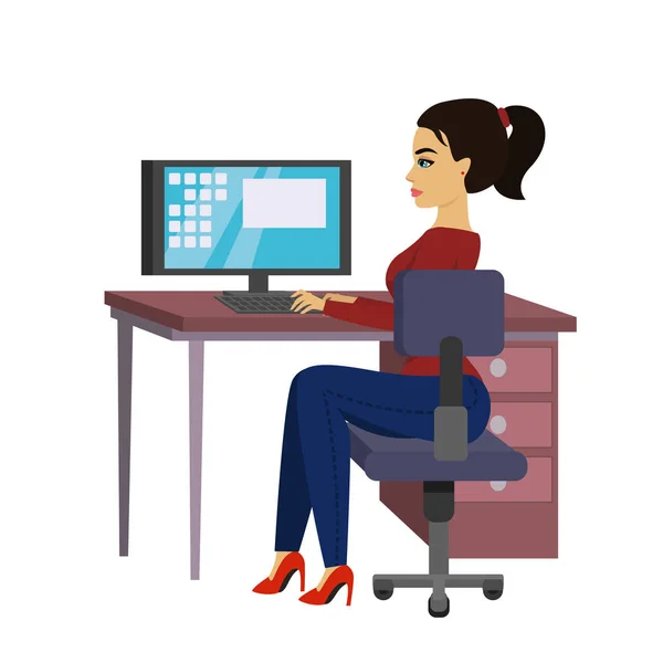 ベクトル イラスト美しいビジネス デスクの女性は、フラット スタイルのラップトップ コンピューターに取り組んでいます。. — ストックベクタ