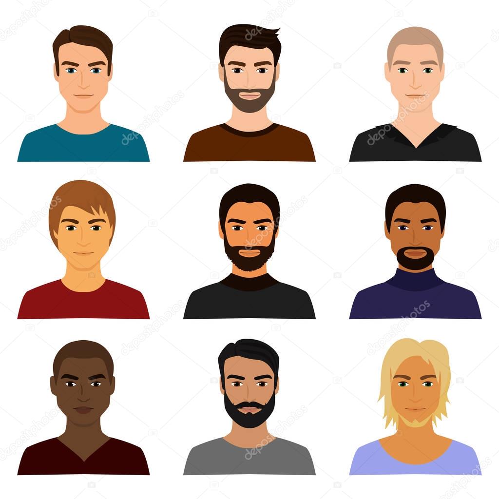 Vector illustration set of male man character faces avatars in different clothes and hair styles. Man guy avatar in cartoon flat style.