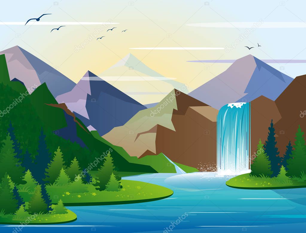 Vector illustration of beautiful waterfall in mountains landscape with trees, rocks and sky. Green wood with wild nature, lake and bush foliage in flat style.