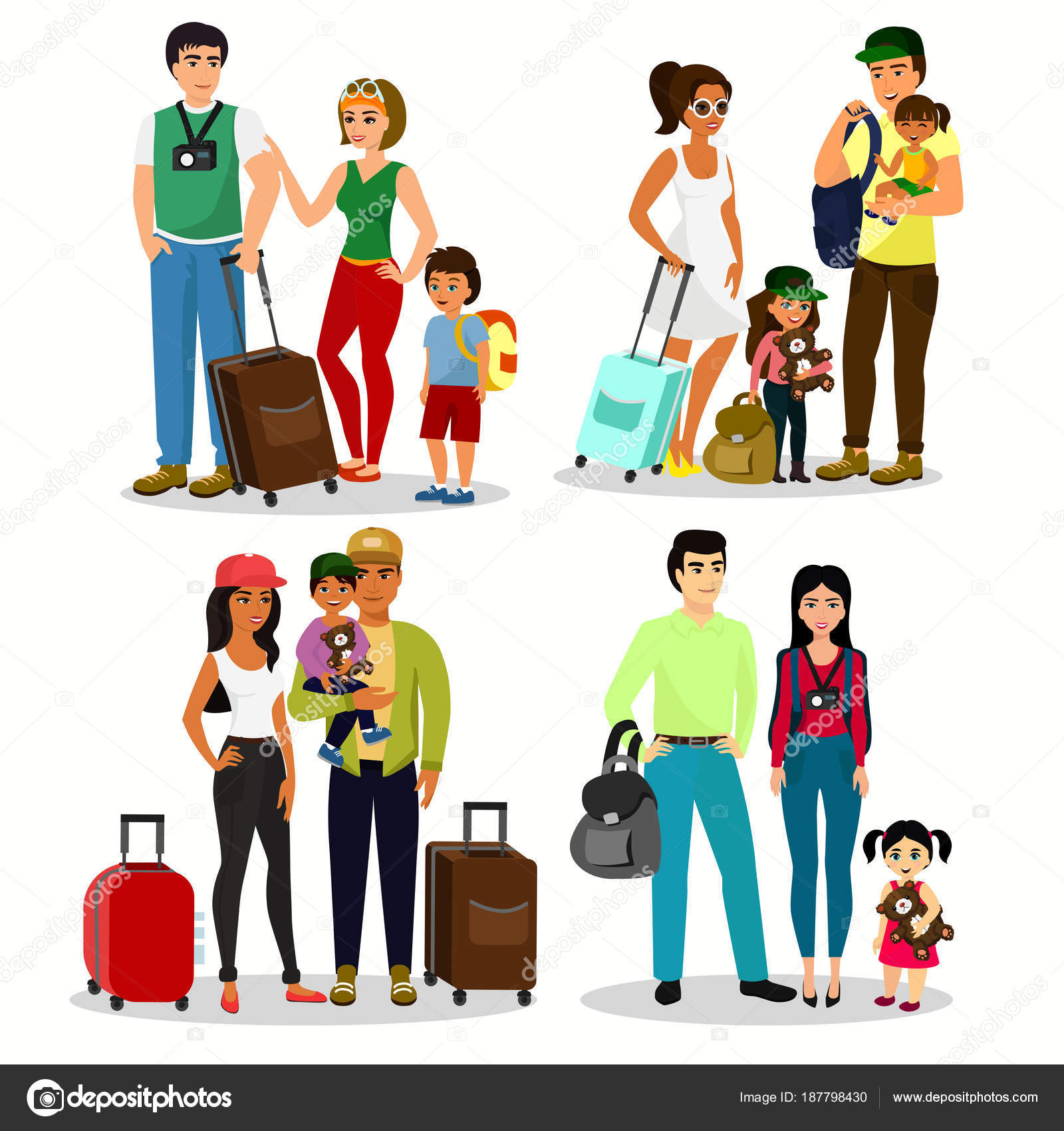 Vector illustration set of happy people travelling with kids. Family travel  together. Father mother and children with luggage at the airport in a flat  cartoon style. Stock Vector by ©Nataliia2910@gmail.com 187798430