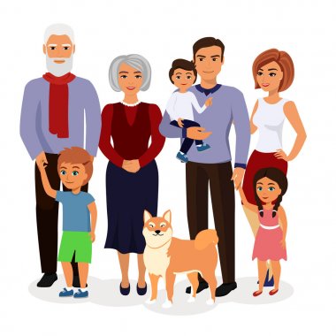 Mutlu aile vektör Illustration. Baba, anne, büyükbaba, büyükanne, çocuk ve köpek bir düz çizgi film tarzı.