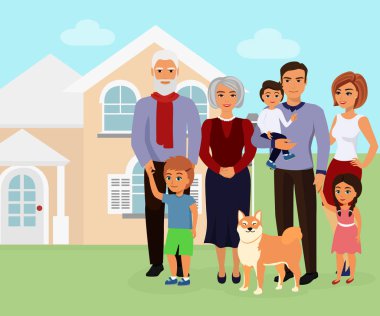 Vektör Illustration beyaz evlatları birçok çocuk, anne, baba ile büyükanne ve büyükbaba, köpek. Çocuklar ebeveynleri ile house düz çizgi film tarzı civarındaki oteller.