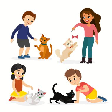 Vektör çizim set çocuk ve kediler. Oynayan, mutlu, komik çocuklar sevgi ve bakımı yavru kedi, düz çizgi film tarzı hayvanlar pet.