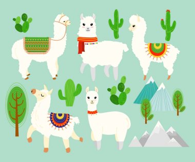 Vector illustration set of Cute funny alpacas and llamas with cactus elements, mountains on blue background. Lovely lamas in cartoon flat style. clipart