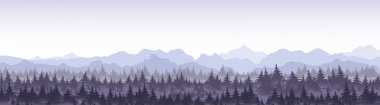 Vector illustration of beautiful panoramic view blue mountains in the fog with pine forest. clipart