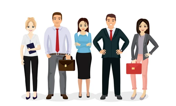 Векторні ілюстрації ділових людей команда. Щасливі та посміхнені бізнесмени та бізнес-леді стоять разом у стилі плоского мультфільму . — стоковий вектор