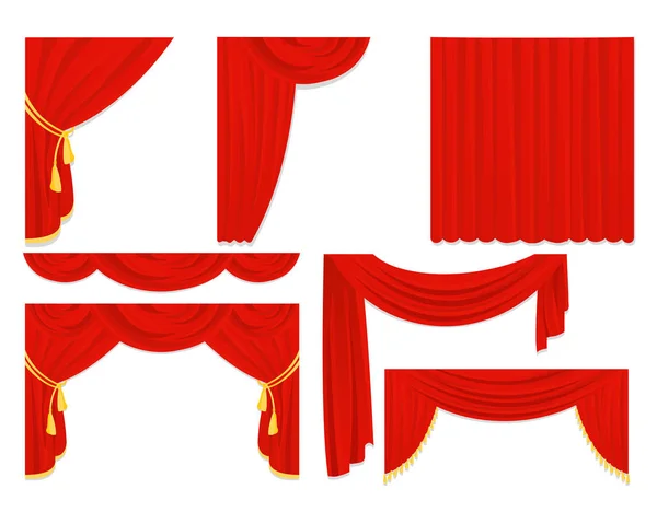 Vektorové ilustrace sada červené hedvábné záclony, sametovými závěsy, interiérové konstrukce izolované na bílé barvy v plochý design. — Stockový vektor