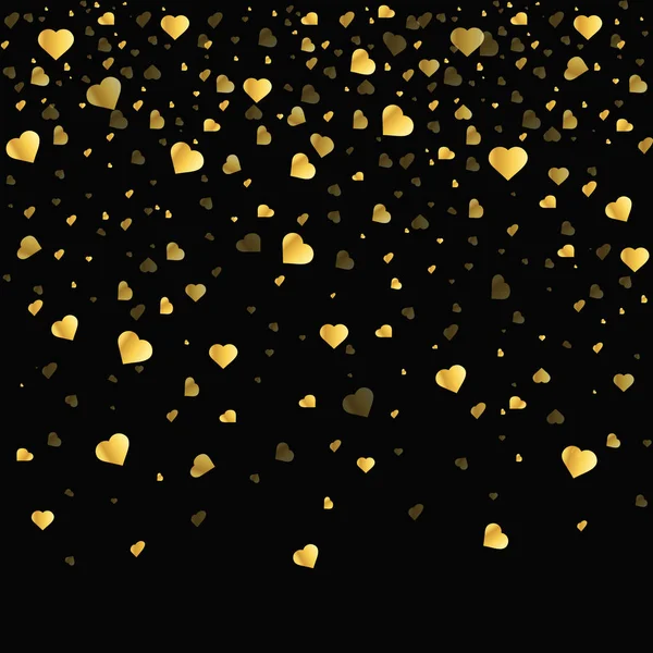 Ilustración vectorial patrón de oro de corazones caídos al azar en forma de confeti. Elemento para tarjeta de felicitación, postal, invitación a la boda, día de San Valentín sobre fondo negro . — Vector de stock