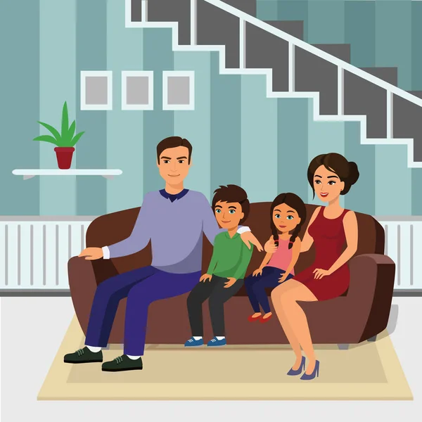 Illustrazione vettoriale famiglia felice in soggiorno seduto sul divano. Padre, madre, figlio e figlia seduti insieme sul divano in stile cartone animato piatto . — Vettoriale Stock