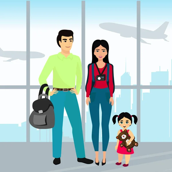 Vectorillustratie reizen familie met bagage in het luchthavengebouw. Vader, moeder en dochter reizen samen in de vlakke stijl cartoon. — Stockvector