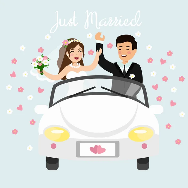 Illustrazione vettoriale di coppia appena sposata alla guida di una macchina bianca in viaggio di nozze. Matrimonio sposa e sposo in stile cartone animato piatto . — Vettoriale Stock
