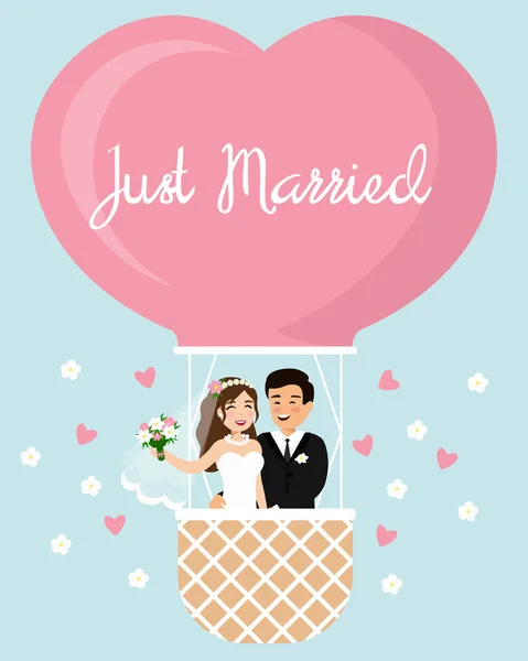 Desenho animado vetorial ilustração da noiva e do noivo em um balão de ar quente no céu. Casal feliz do casamento, apenas casado no estilo liso . — Vetor de Stock