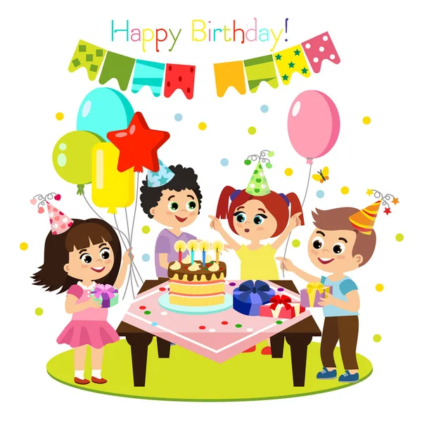 Ilustración vectorial de fiesta de cumpleaños de los niños, decoración colorida y brillante, niños felices se divierten juntos, niñas y niños en estilo de dibujos animados planos . — Vector de stock