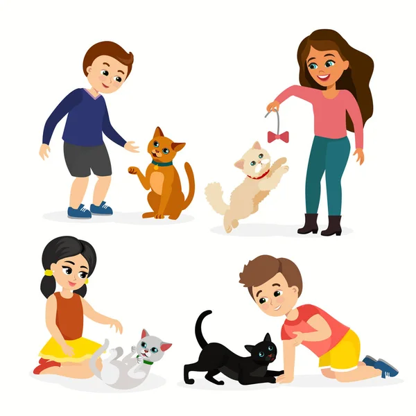 Vector illustration set of children and cats. Happy, funny kids playing, love and taking care of kittens, pet animals in flat cartoon style. — Stock Vector