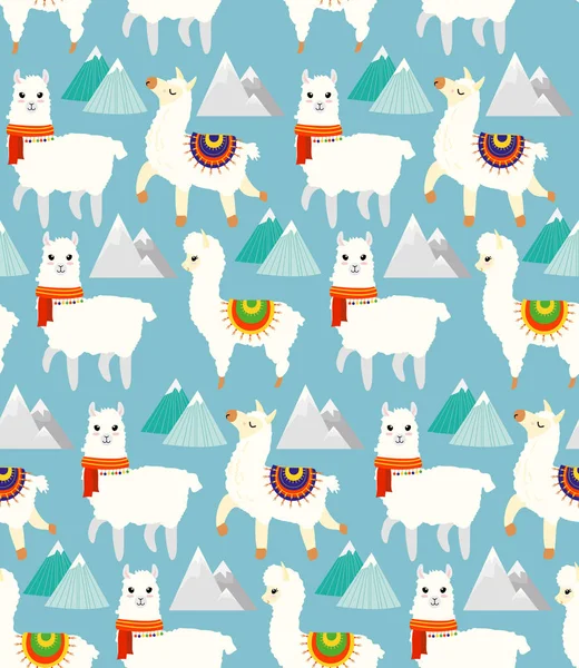 Illustration vectorielle motif sans couture avec lamas, alpagas, montagnes et éléments dessinés à la main, texture enfantine pour textile dans un style dessin animé plat . — Image vectorielle