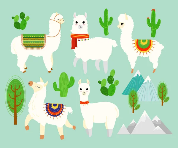 Ensemble d'illustrations vectorielles d'alpagas et de lamas drôles mignons avec des éléments de cactus, des montagnes sur fond bleu. Beaux lamas dans le style plat de dessin animé . — Image vectorielle