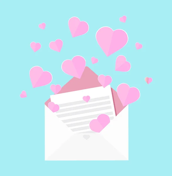 Ilustração vetorial colorida de Carta de amor, coração rosa flutuando fora do envelope, cartão de saudação para o Dia dos Namorados, casamento em estilo plano . — Vetor de Stock