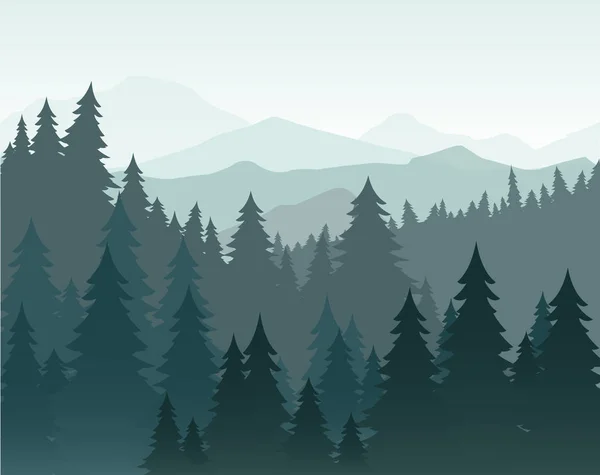 Ilustración vectorial del bosque de pinos y montañas vector de fondo. Bosque de coníferas, silueta de abeto y montañas en el paisaje de niebla . — Archivo Imágenes Vectoriales