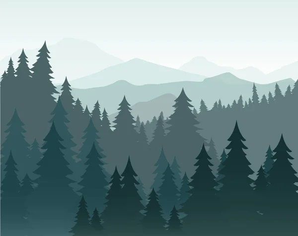 Illustrazione vettoriale di pineta e montagne sfondo vettoriale. Foresta di conifere, silhouette di abete e montagne nel paesaggio della nebbia . — Vettoriale Stock