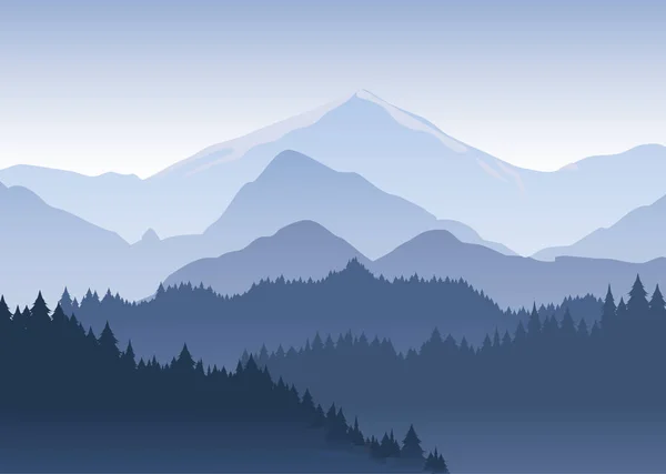Ilustración vectorial del bosque de pinos retrocediendo en la distancia en el fondo de las montañas de color azul claro en la niebla espesa . — Vector de stock