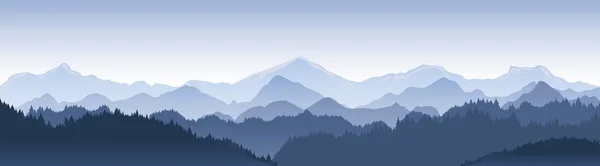 Vektorillustration einer wunderschönen dunkelblauen Berglandschaft mit Nebel und Wald. Sonnenaufgang und Sonnenuntergang in den Bergen. — Stockvektor