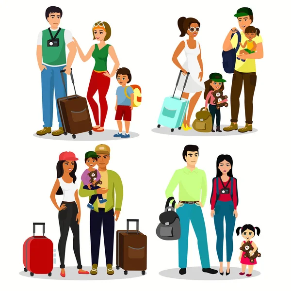 Conjunto de ilustrações vetoriais de pessoas felizes viajando com crianças. A família viaja junta. Pai mãe e crianças com bagagem no aeroporto em um estilo de desenho animado plano . —  Vetores de Stock