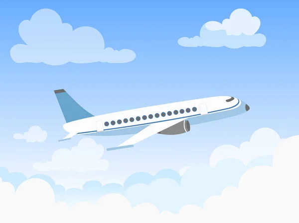 Ilustração vetorial do plano no céu sobre as nuvens. Design plano conceito de estilo de avião voando através de nuvens no céu azul . — Vetor de Stock
