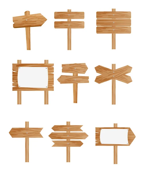 Vectorillustratie set van verschillende houten straatnaamborden, pointers collectie op witte achtergrond in vlakke stijl. — Stockvector