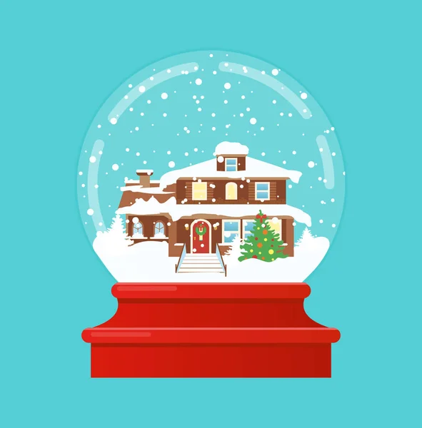 Vector illustration of snow globe with a small house and fir-tree under the snow. Merry christmas, New Year gift in flat style. — Stock Vector