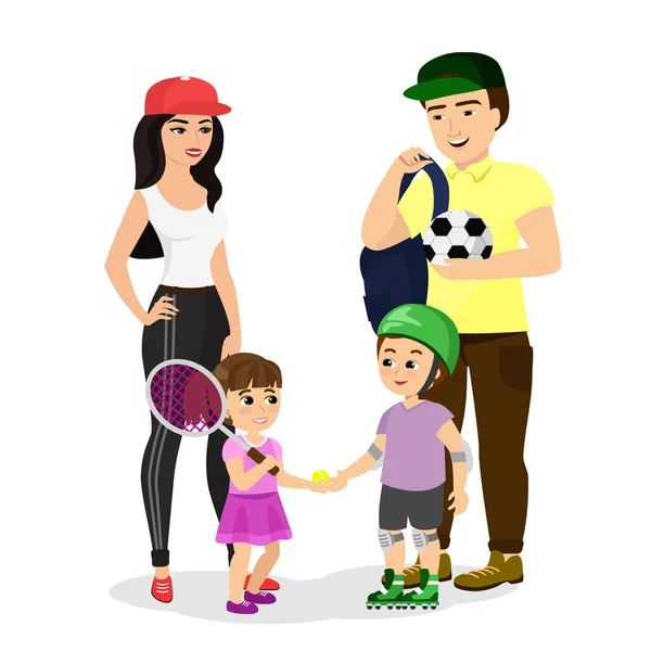 Spor aile vektör Illustration. Baba, anne, oğlu ve kızı spor giysiler içinde sağlıklı bir yaşam tarzı yol. Mutlu çocuklu ebeveyn düz stil spor yapmak. — Stok Vektör