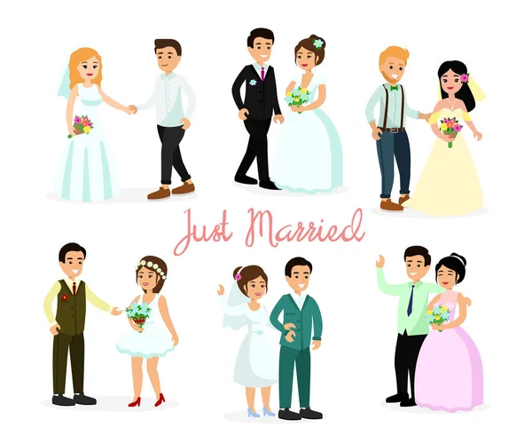 Illustrazione vettoriale serie di personaggi felici sposa e sposo isolato su sfondo bianco in stile cartone animato piatto. Wegging coppie, elemento per inviti di nozze . — Vettoriale Stock