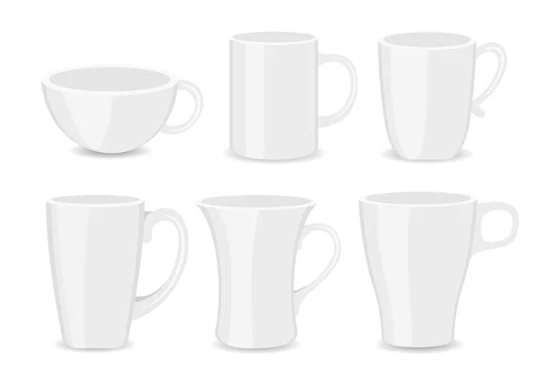 Векторный набор иллюстраций чашки из белого дерева различных форм и типов на белом фоне в плоском стиле . — стоковый вектор