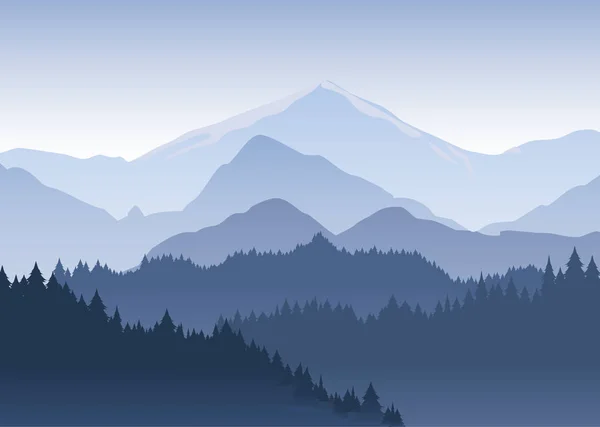 Vector illustration of the pine trees forest receding into the distance on the background of light blue mountains in thick fog. — Stock Illustration Vector illustration of the pine trees forest receding into the distance on the background of light blue mountains in thick fog. Royalty Free Stock Vectors