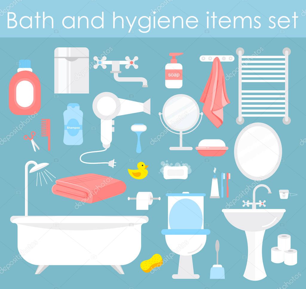 Vector illustration set of bathroom elements. Hygiene and toilet icons in flat cartoon style.