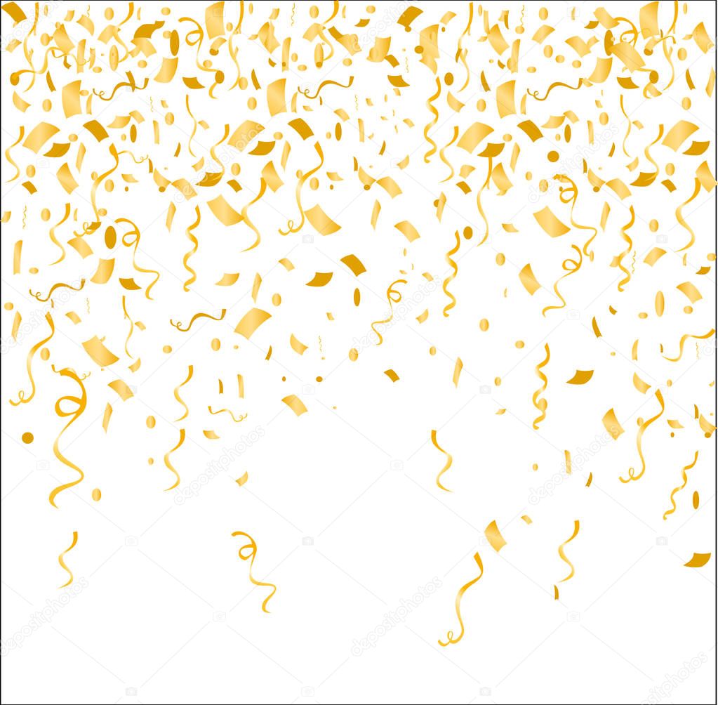 Vector illustration gold confetti isolated on white background. Birthday celebrate concept, falling golden decoration for party, anniversary or Christmas, New Year.