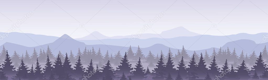 Vector illustration of mountains with forest in the fog. Beautiful panorama view in flat style.